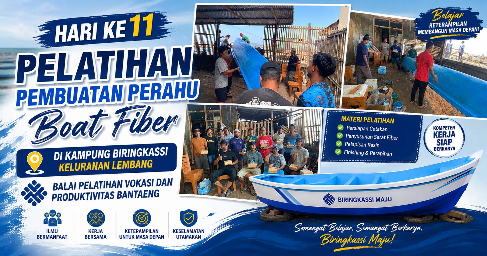 Hari ke-11 Pelatihan Boat Fiber di Biringkassi: Peserta Makin Terampil, Perahu Makin Mendekati Tahap Finishing
